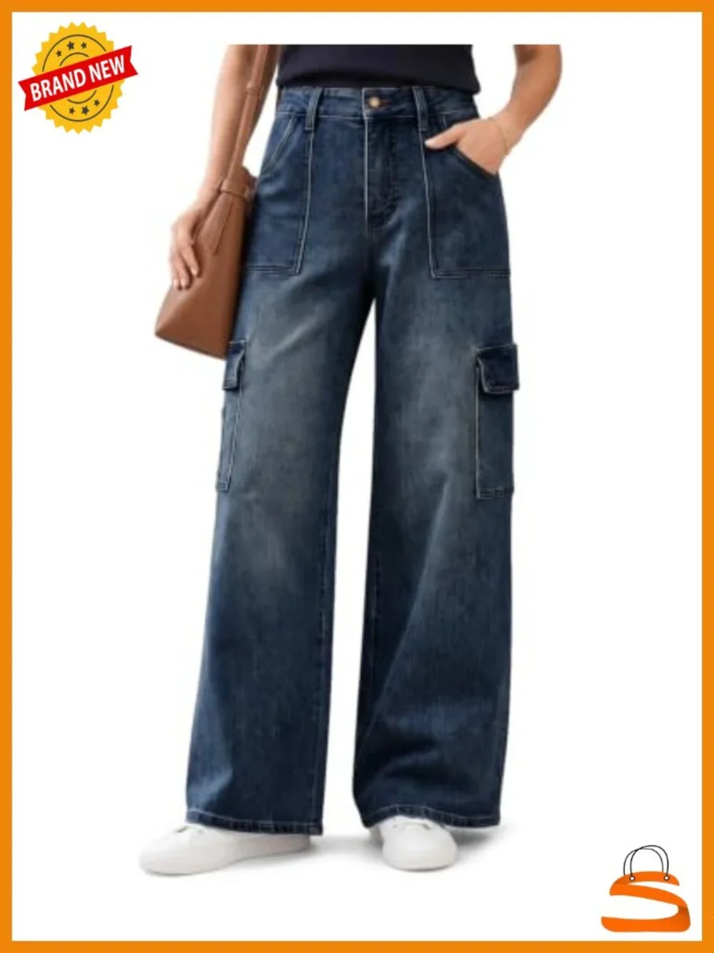 High Waisted Stretch Wide Leg Cargo Jeans with 6 Pockets